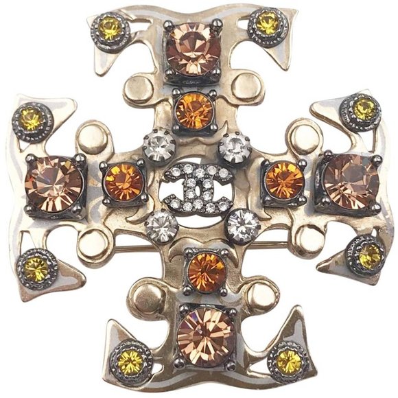 Chanel Gold CC Peach Orange Mustard Crystal Gothic Cross Brooch Pendant - Picture 1 of 4